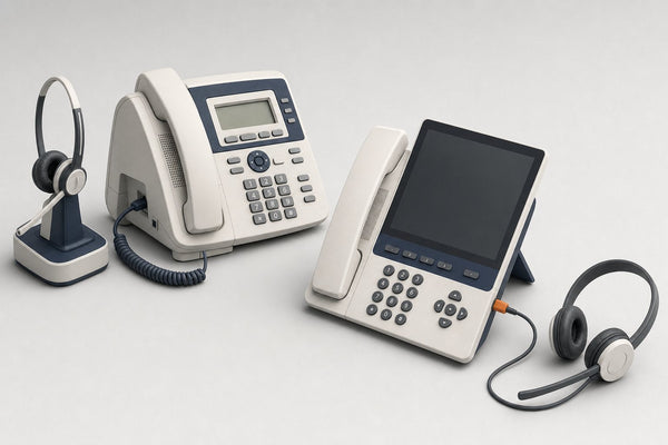 An older desk phone with a wireless headset base on a coiled EHS cable beside a newer slim desk phone connected to a headset by a single USB-C cable