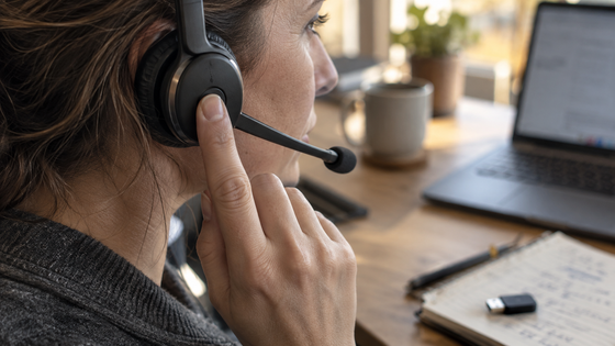 Person wearing a headset with a boom microphone at a desk, with a USB wireless adapter on the notebook