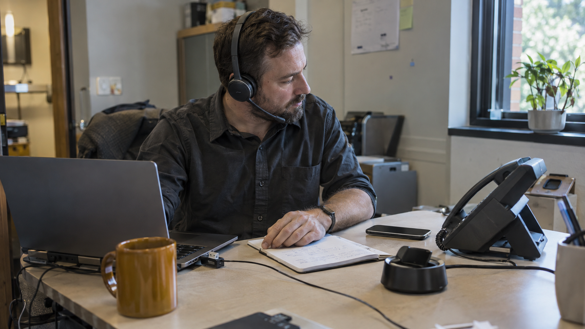 Technician testing a RingCentral headset with a laptop and desk phone