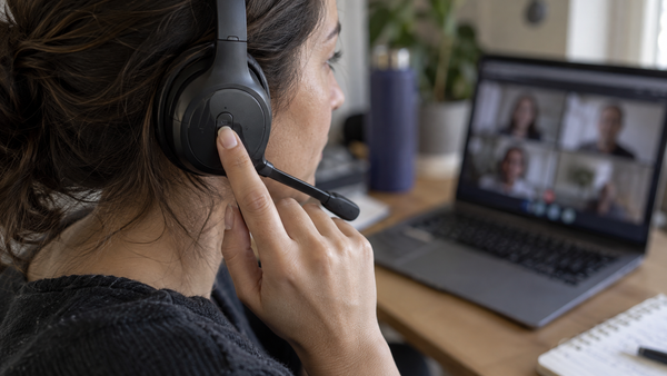 User pressing a headset call-control button during a Microsoft Teams meeting