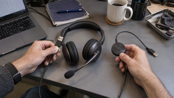 IT technician comparing USB headset connection options for Microsoft Teams