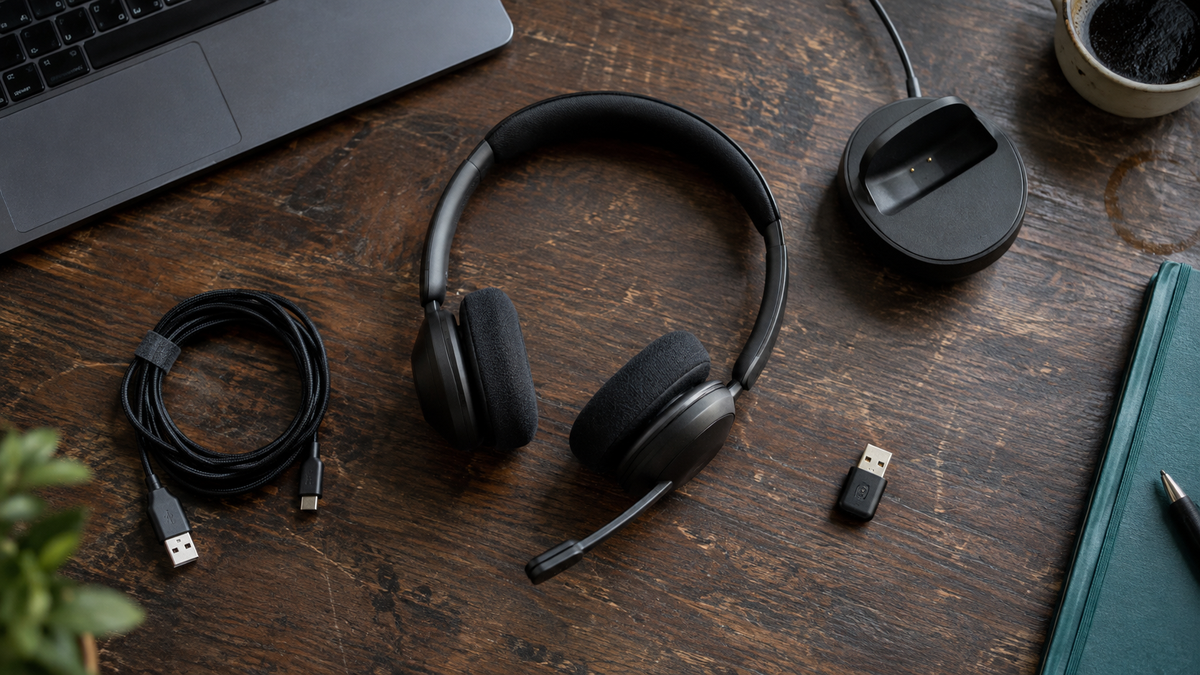 USB cable, Bluetooth adapter and DECT base arranged around a VoIP headset