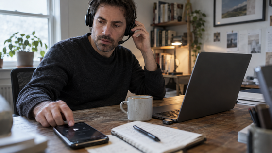 Remote worker switching from music to a Zoom call on a Bluetooth headset