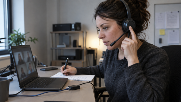IT specialist testing a Zoom-certified headset during a video meeting