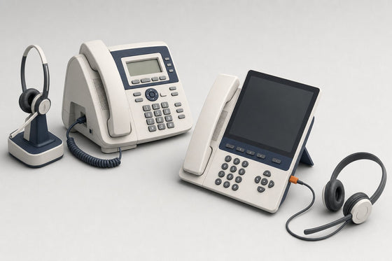 An older desk phone with a wireless headset base on a coiled EHS cable beside a newer slim desk phone connected to a headset by a single USB-C cable
