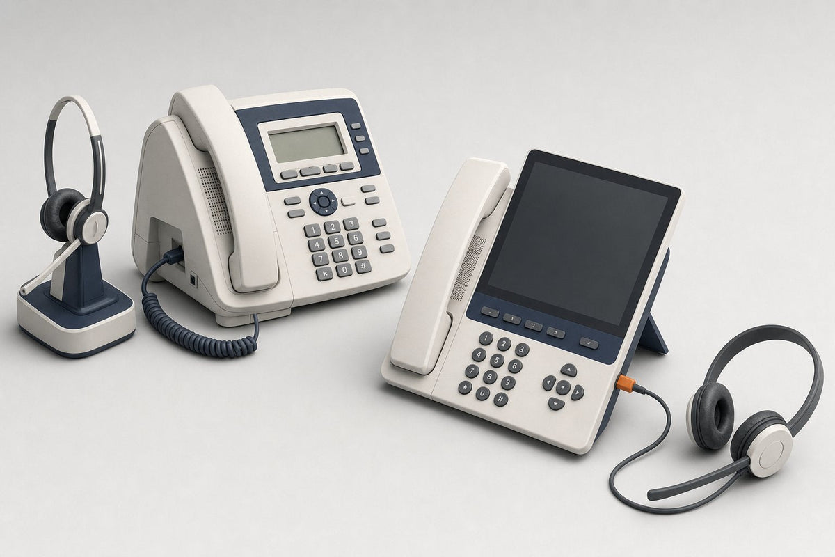 An older desk phone with a wireless headset base on a coiled EHS cable beside a newer slim desk phone connected to a headset by a single USB-C cable