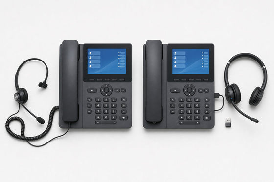 Two desk IP phones side by side from above: one with a corded single-ear headset, the other with a USB cable in its side port, a Bluetooth headset and a USB dongle