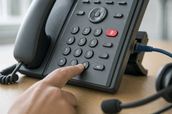 A finger holding the # key on a desk IP phone keypad while the Mute button glows red, with the Ethernet cable plugged into the back of the phone