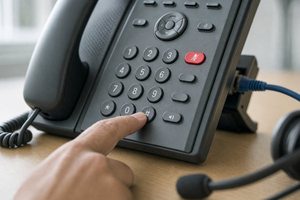 A finger holding the # key on a desk IP phone keypad while the Mute button glows red, with the Ethernet cable plugged into the back of the phone