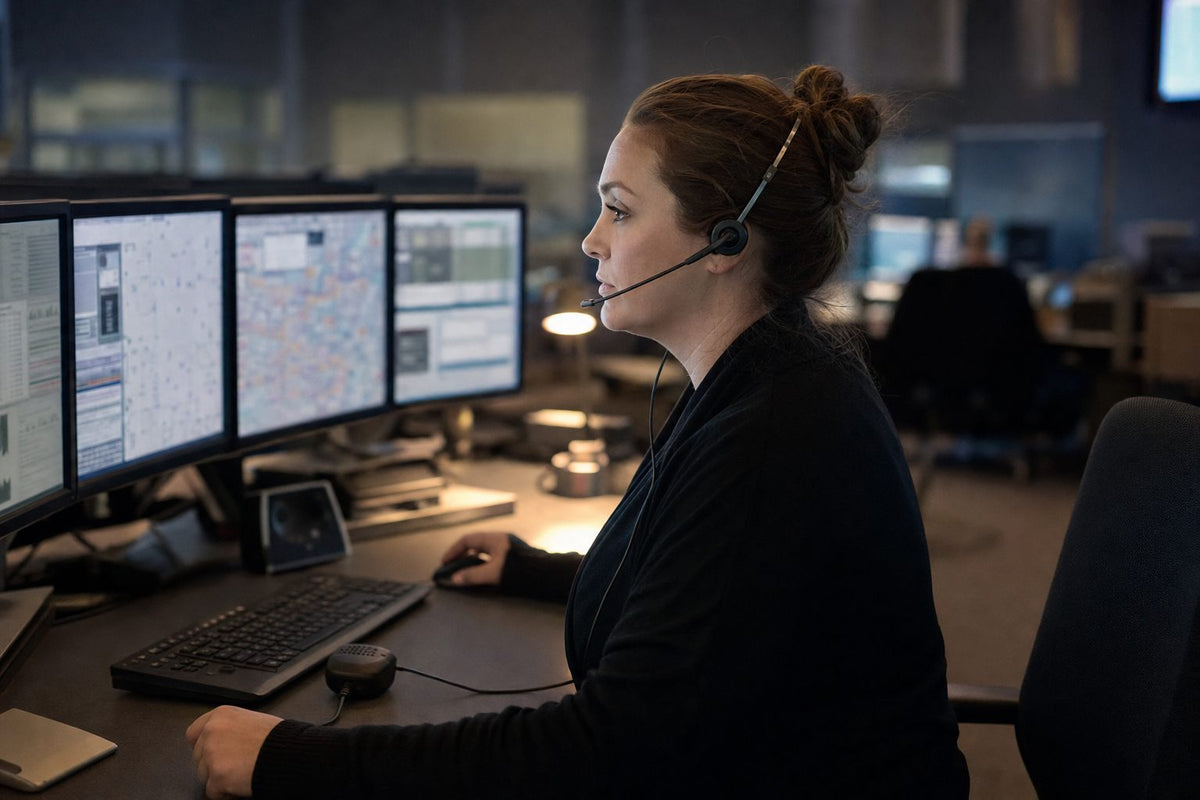 911 dispatcher wearing a single-ear headset with a boom microphone at a dispatch console with several monitors
