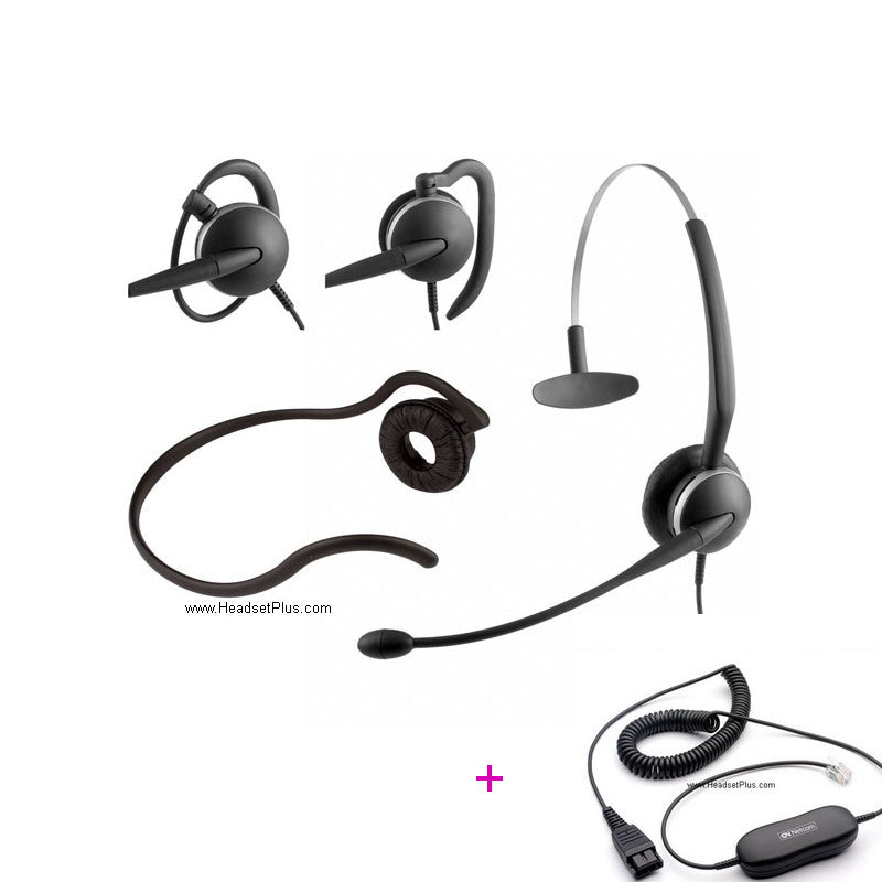 Jabra GN2124 shown in its four wearing styles beside the coiled quick-disconnect desk phone cord