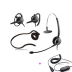 Jabra GN2124 shown in its four wearing styles beside the coiled quick-disconnect desk phone cord