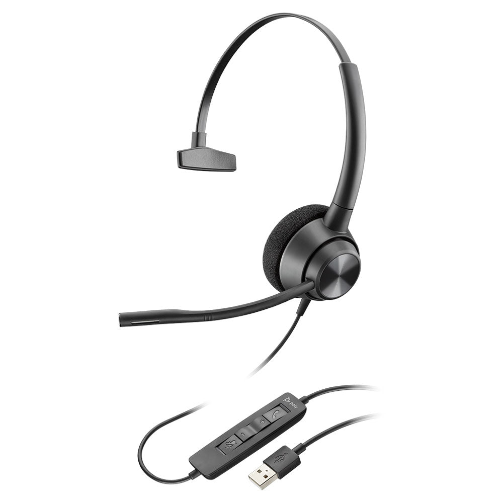 Mono Poly EncorePro headset with an inline USB-A control unit carrying call and volume keys