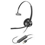 Mono Poly EncorePro headset with an inline USB-A control unit carrying call and volume keys