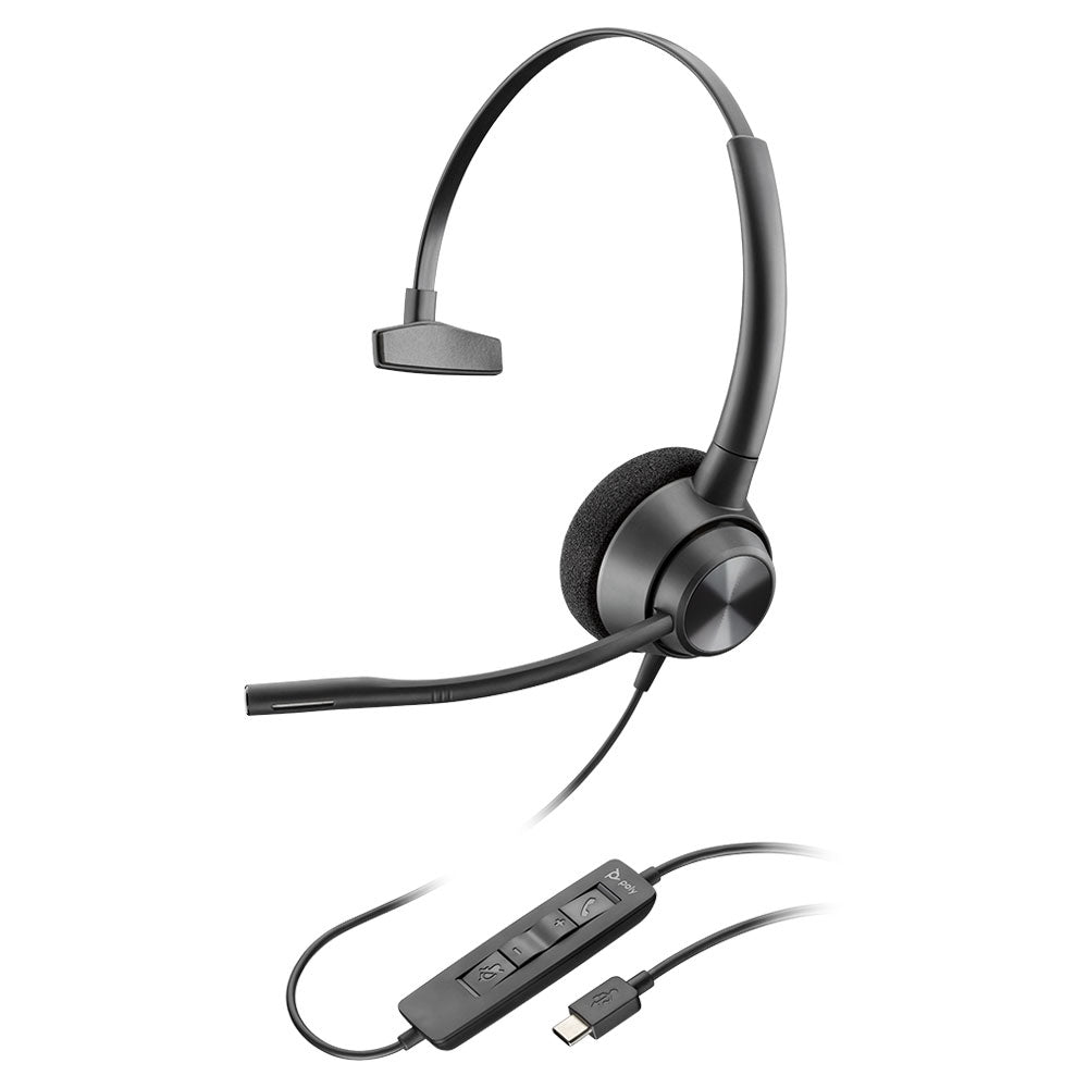 Mono Poly EncorePro headset with an inline USB-C control unit on the cord