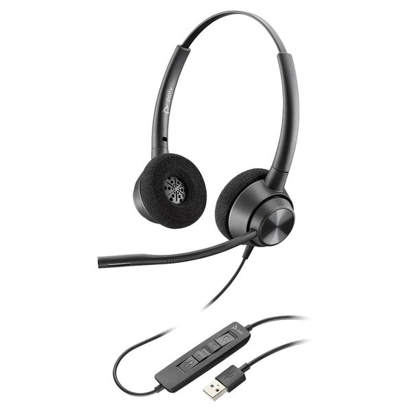Poly EncorePro 320 stereo headset with foam ear cushions and an inline USB-A cord carrying call and volume keys