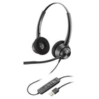 Poly EncorePro 320 stereo headset with foam ear cushions and an inline USB-A cord carrying call and volume keys
