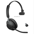 Jabra Evolve2 65 mono headset beside its compact USB-C Bluetooth adapter