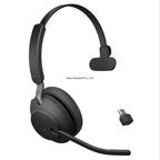 Jabra Evolve2 65 mono headset beside its compact USB-C Bluetooth adapter