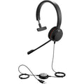 Mono Jabra Evolve 20 with the boom mic lowered and an inline USB-A control unit on the cord