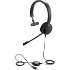 Mono Jabra Evolve 20 with the boom mic lowered and an inline USB-A control unit on the cord