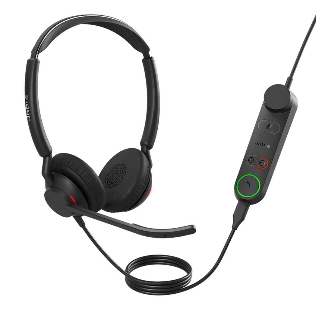 Duo Engage 50 II headset, boom mic lowered, with mute, volume and green call keys on the controller