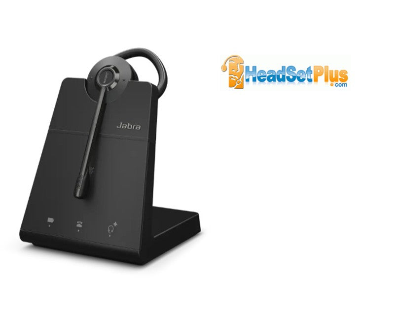 Jabra wireless headset in its ear-hook wearing style, docked on the charging base