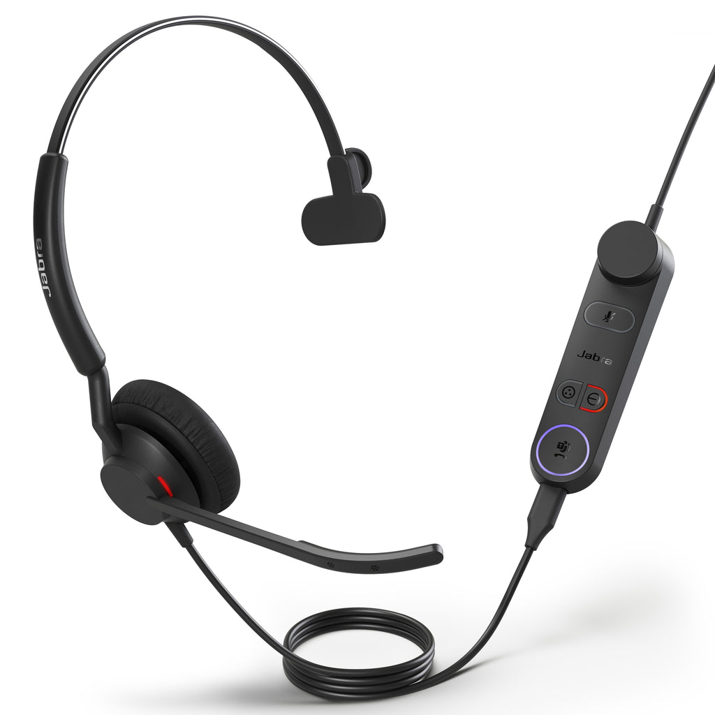Mono Engage 50 II at an angle, its inline controller showing the purple Microsoft Teams button