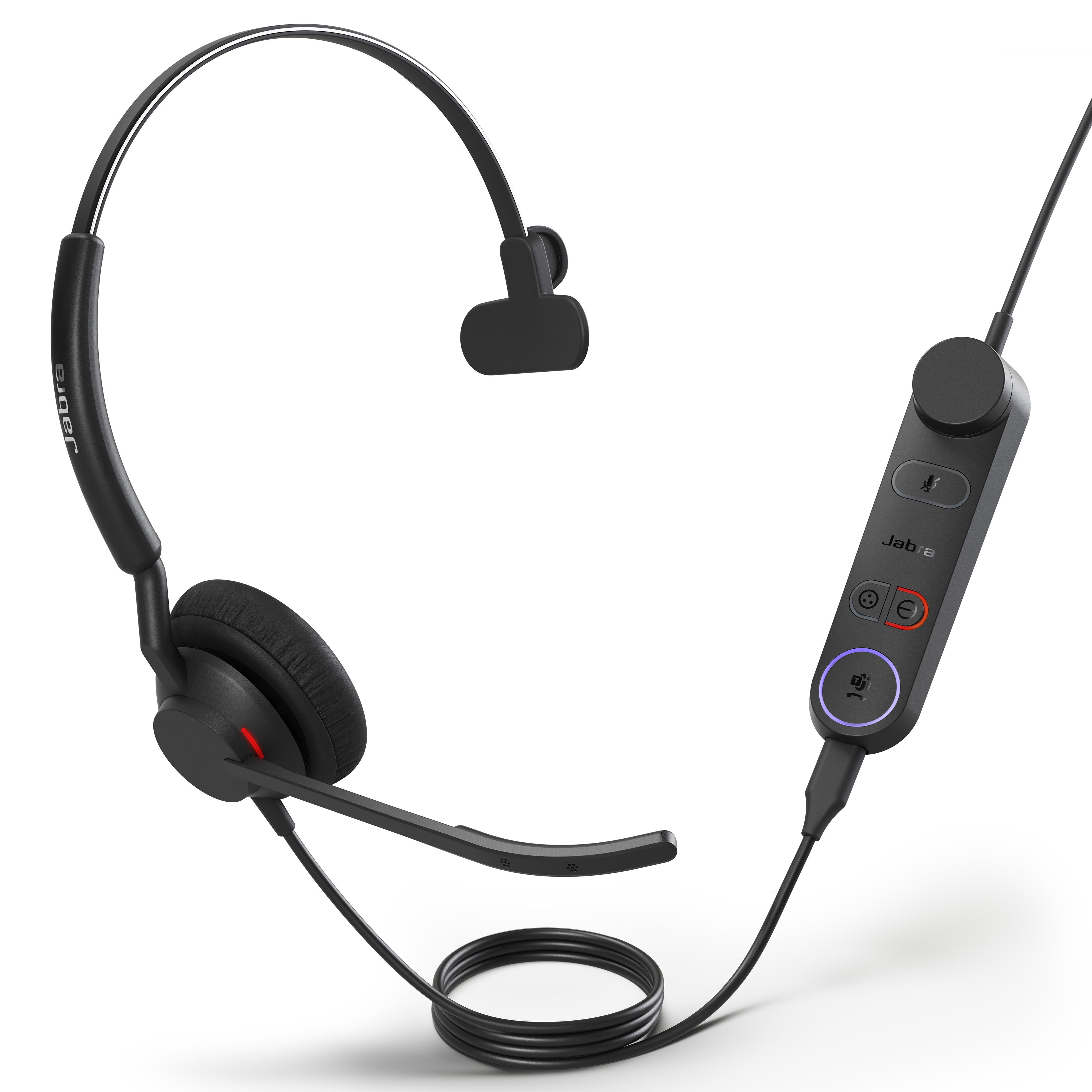 Mono Engage 50 II at an angle, its inline controller showing the purple Microsoft Teams button