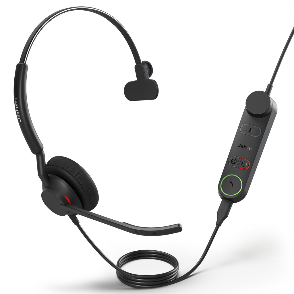 Angled view of the mono Engage 50 II, coiled cable and controller with a green answer button