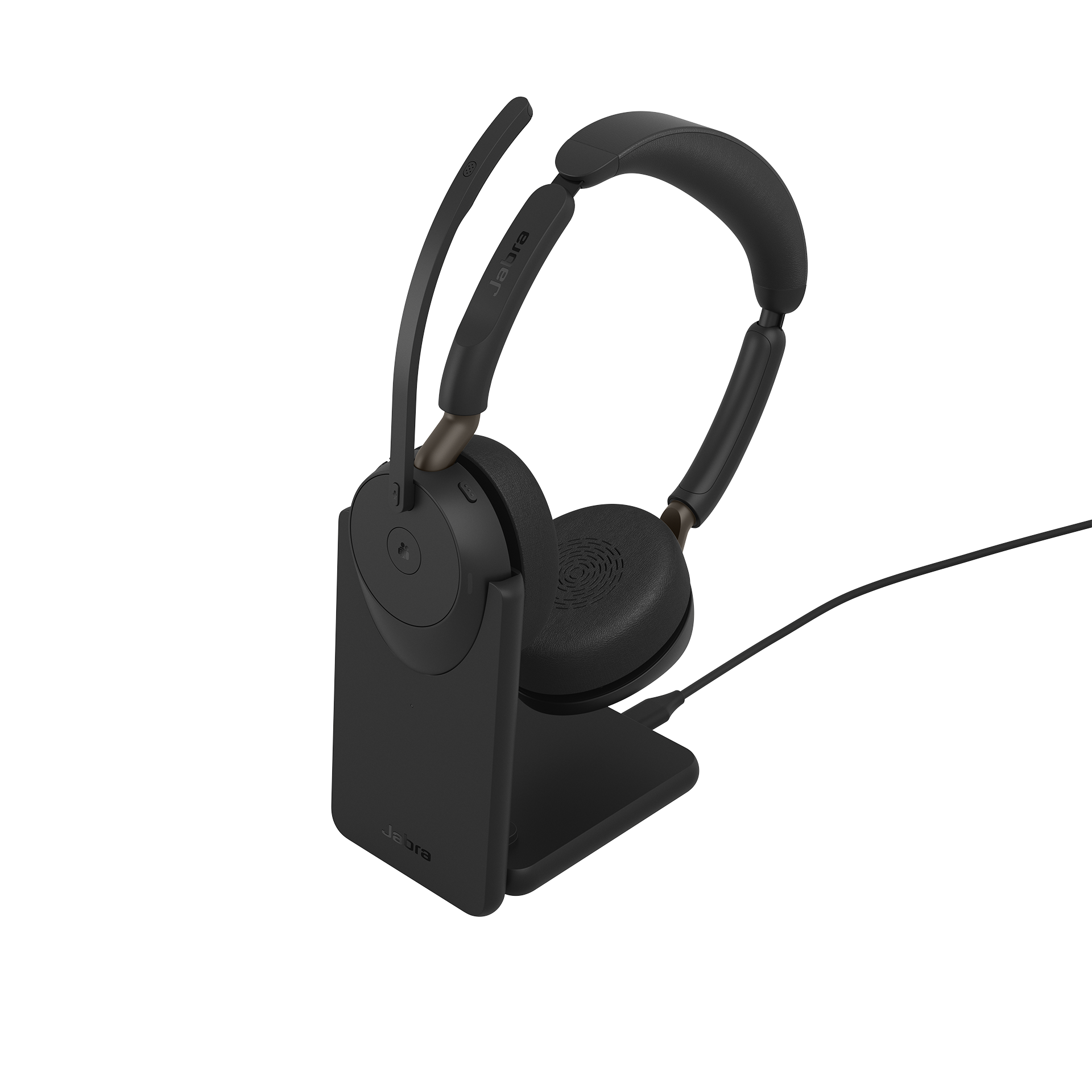 Stereo Jabra headset resting on its powered charging stand with the boom mic raised