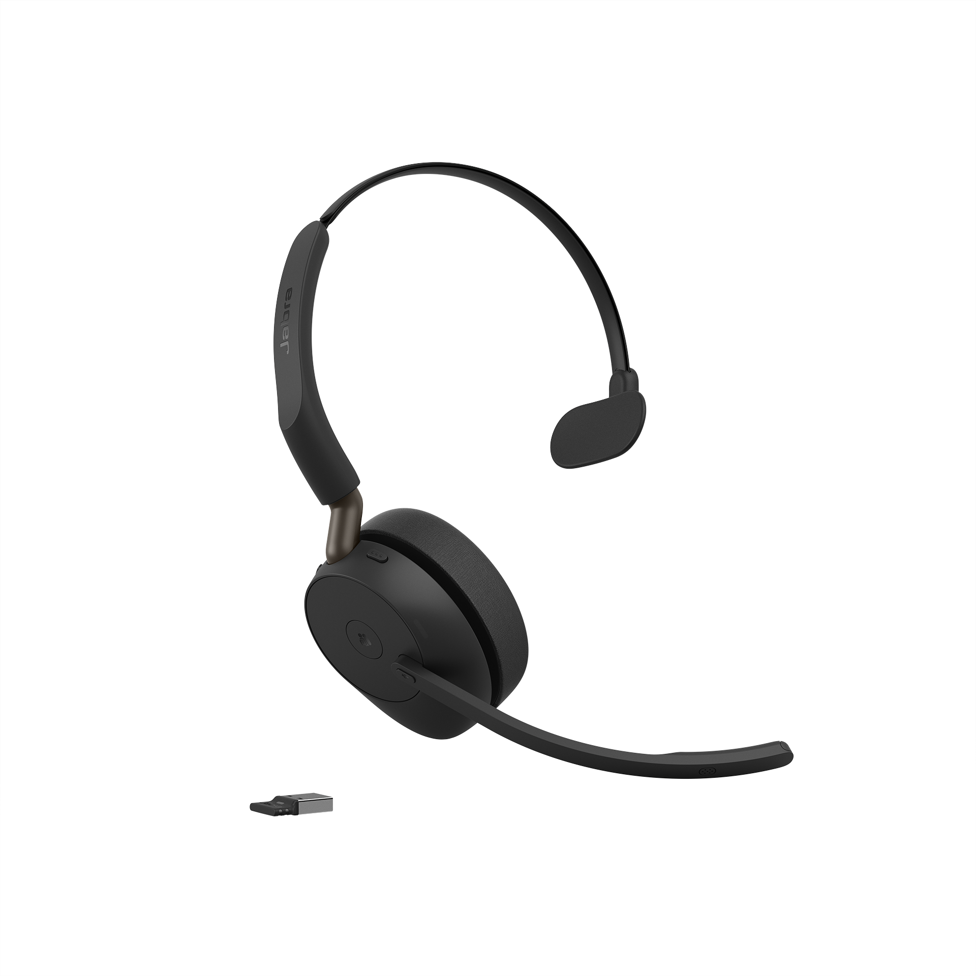 Mono version of the Jabra headset with one earcup, boom mic and its USB-A wireless adapter