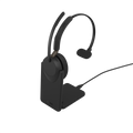 Mono Jabra headset seated on the Jabra charging stand with the power cable running to the base