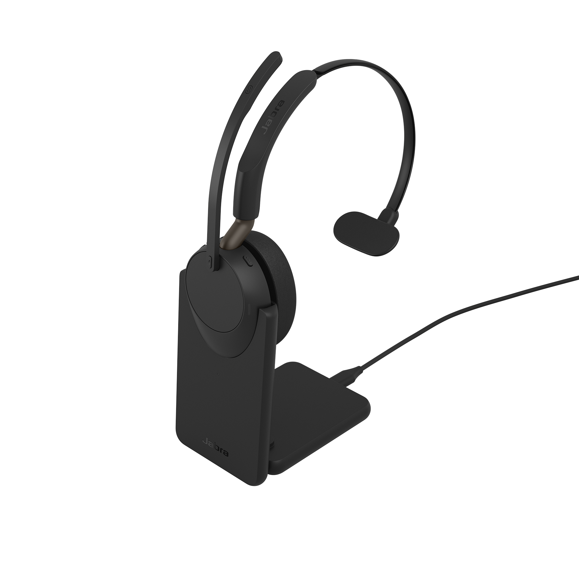 Mono Jabra headset seated on the Jabra charging stand with the power cable running to the base