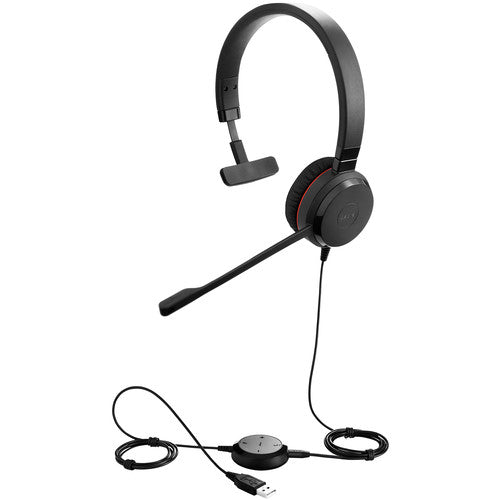 Jabra Evolve 30 II mono headset with its inline call control unit and USB-A plug