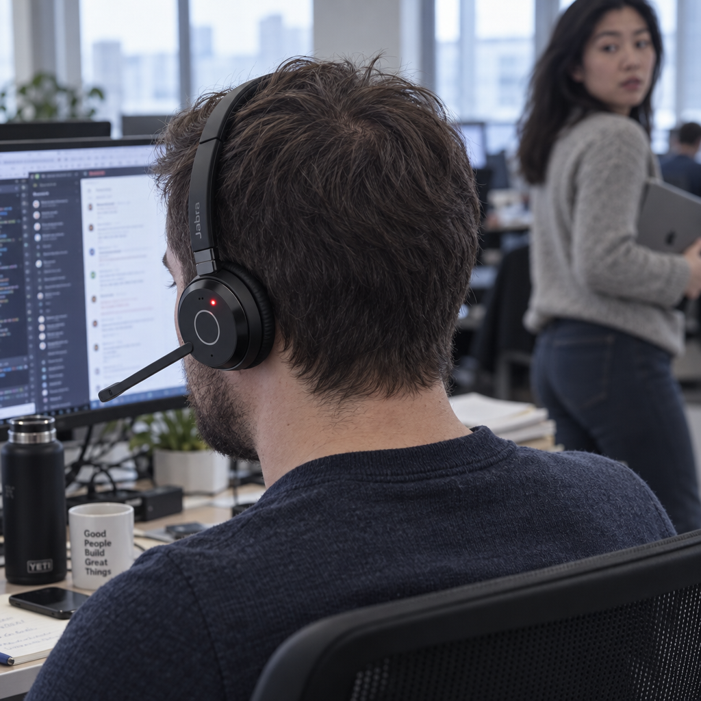 Red busylight glowing on a Jabra Evolve 65 TE headset as a colleague sees it and turns away