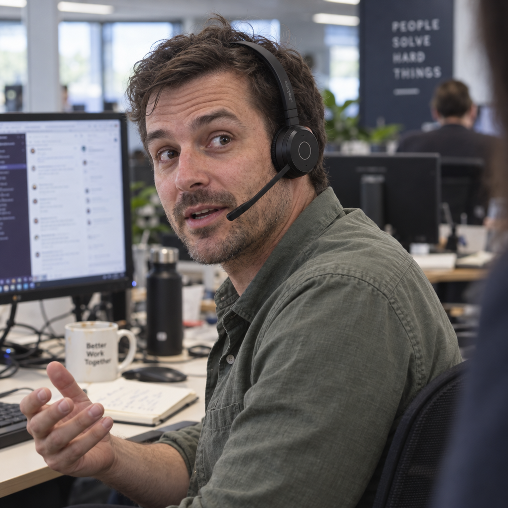 Man wearing the Jabra Evolve 65 TE mono headset turning to answer a colleague, one ear left uncovered