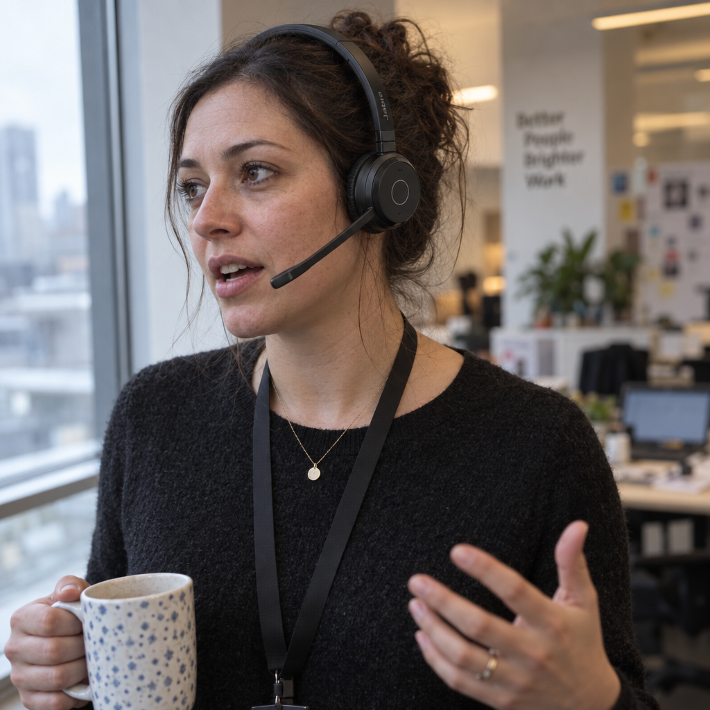 Woman on a call wearing the Jabra Evolve 65 TE stereo headset, standing at an office window far from her desk