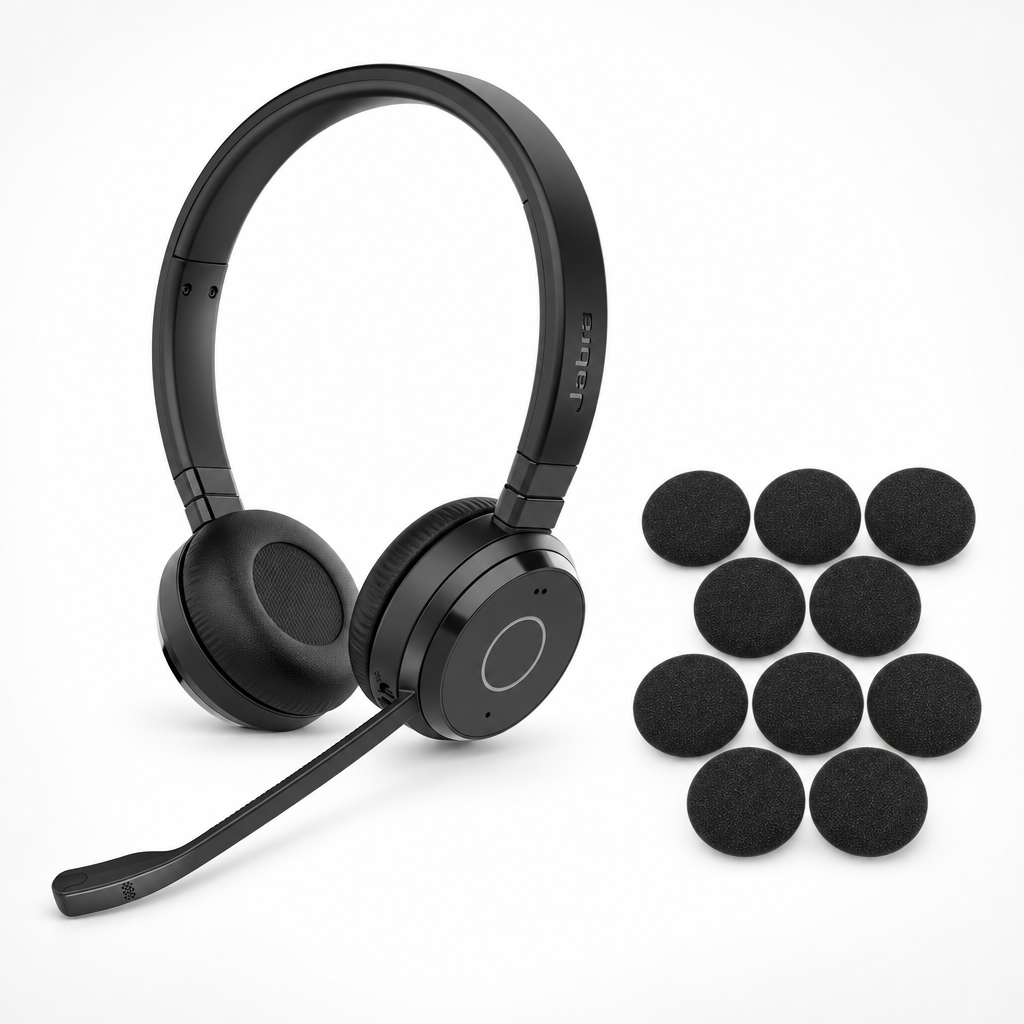 Jabra Evolve 65 TE stereo headset beside ten black Jabra Evolve foam ear cushions on a white background