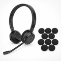 Jabra Evolve 65 TE stereo headset beside ten black Jabra Evolve foam ear cushions on a white background