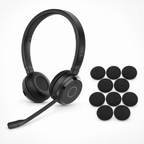 Jabra Evolve 65 TE stereo headset beside ten black Jabra Evolve foam ear cushions on a white background