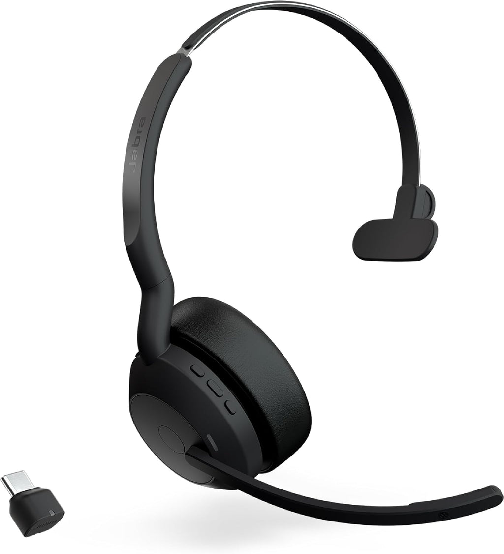 Jabra Evolve2 55 mono headset with the boom mic lowered, shown with a USB-C Bluetooth adapter