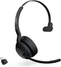 Jabra Evolve2 55 mono headset with the boom mic lowered, shown with a USB-C Bluetooth adapter