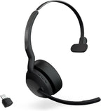 Jabra Evolve2 55 mono headset with the boom mic lowered, shown with a USB-C Bluetooth adapter