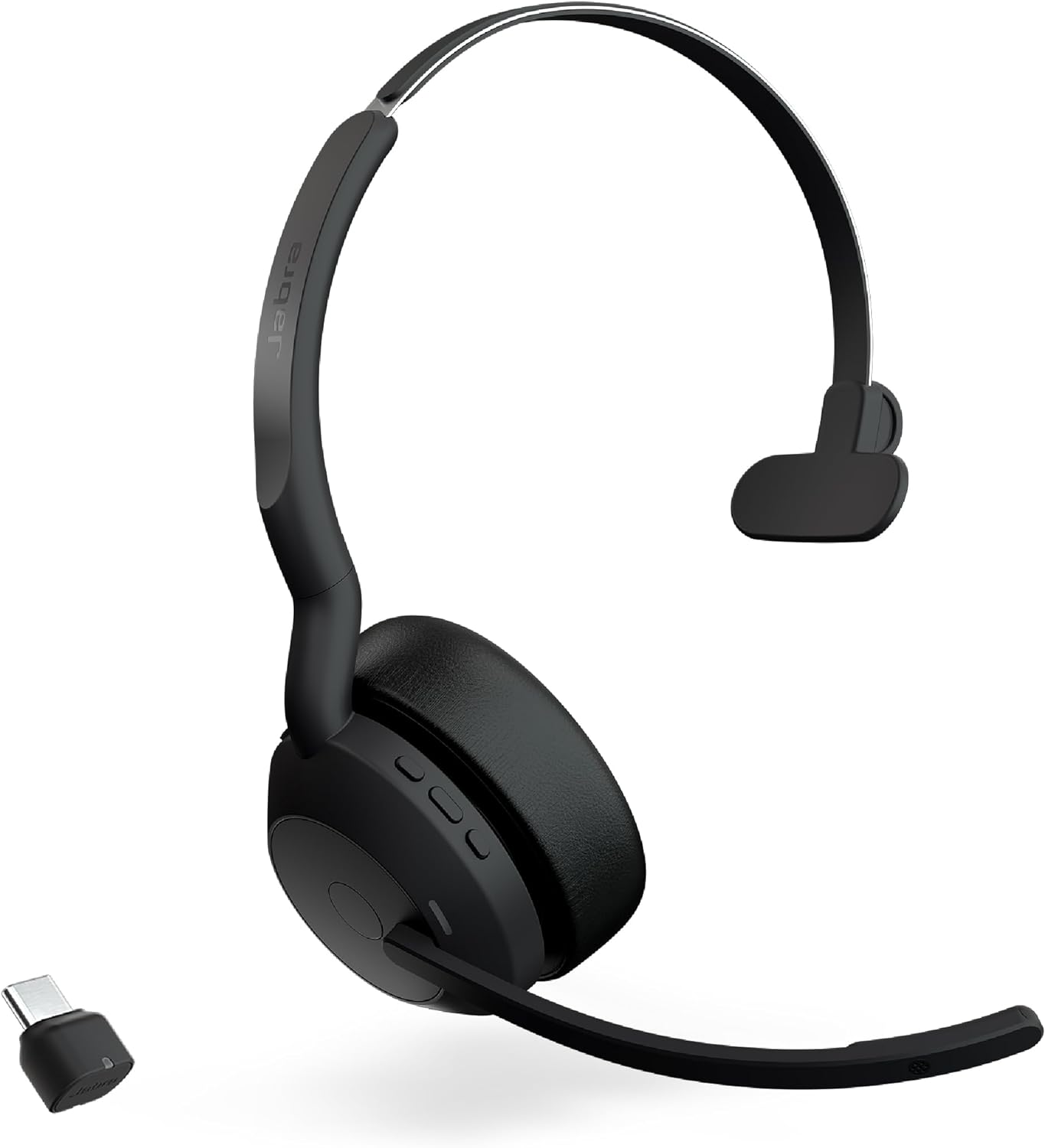 Jabra Evolve2 55 mono headset with the boom mic lowered, shown with a USB-C Bluetooth adapter