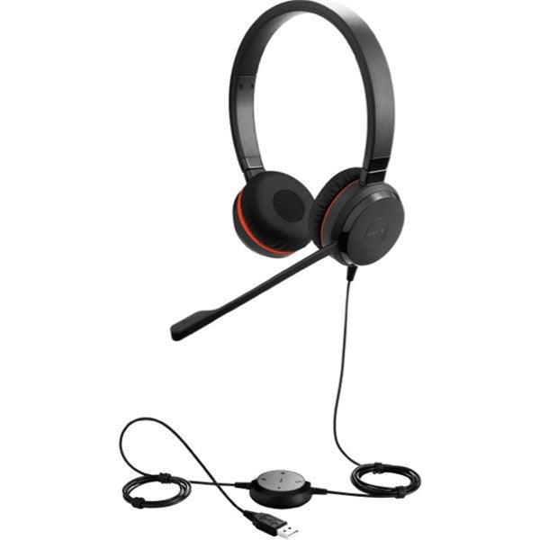 Stereo version of the Jabra Evolve 20 SE with ear cups on both sides and an inline USB-A controller