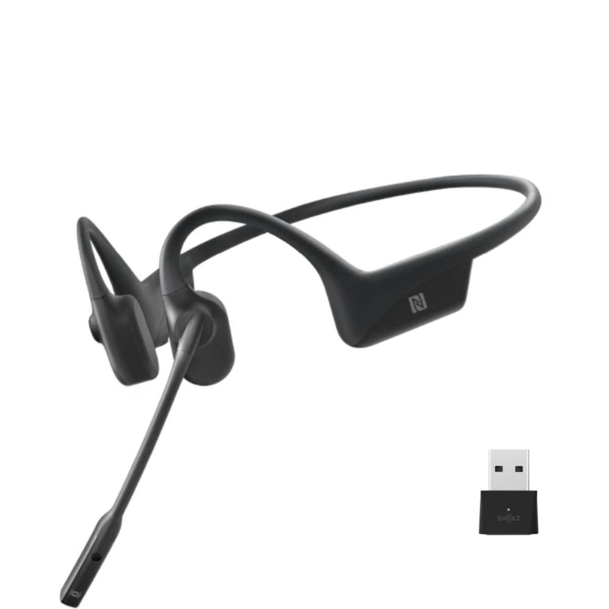 shokz opencomm uc bone conduction bluetooth headset met usb dongle weergave