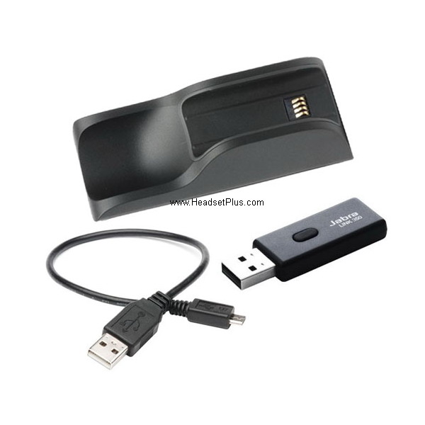 jabra 6400 series travel kit usb dongle, usb cable and charger view