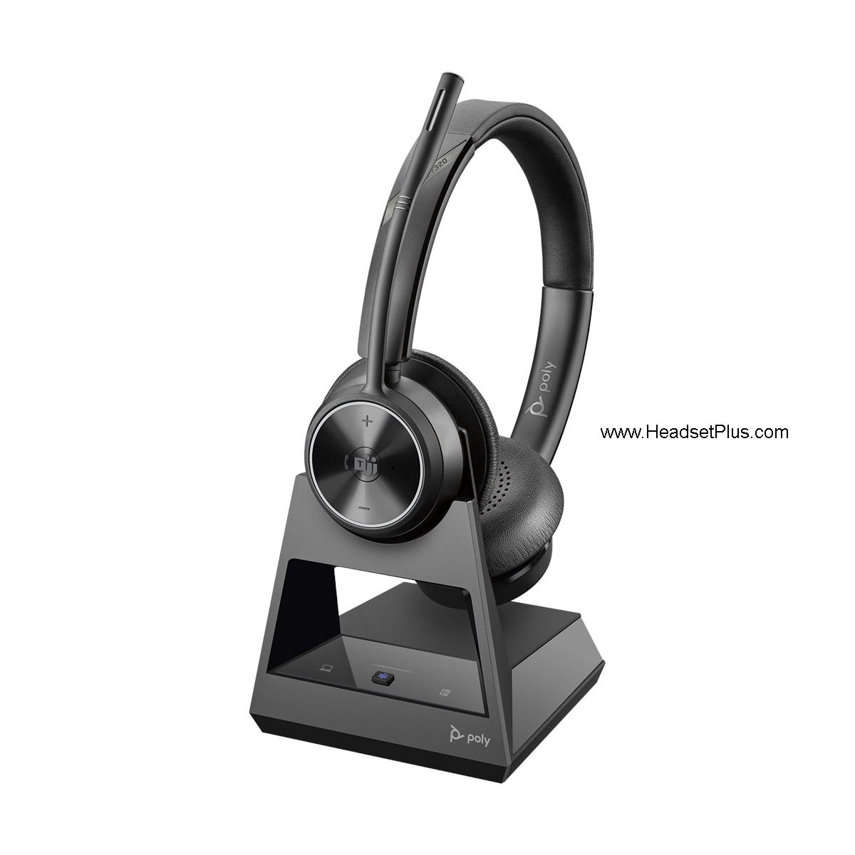 poly savi 7320 office stereo wireless headset, deskphone and pc view
